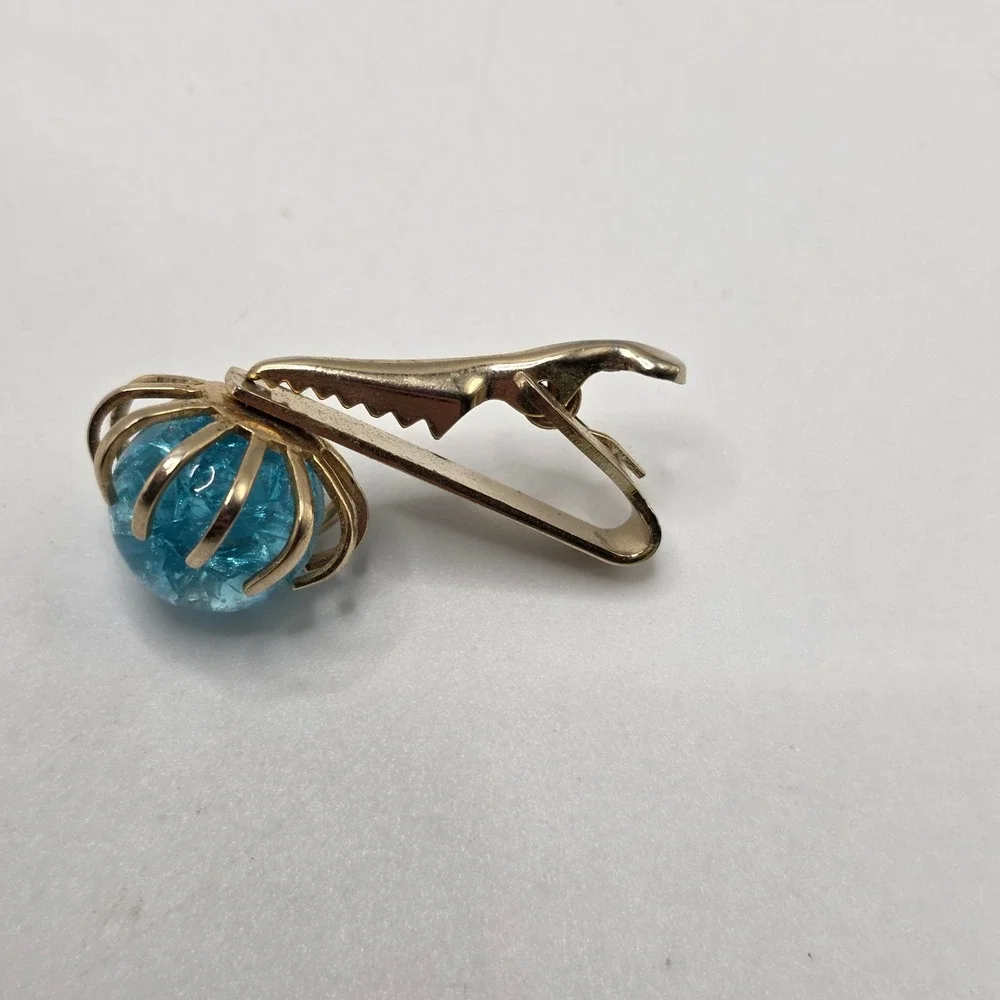 Tie Clip Men Blue Crackle Glass Orb Gold Tone Mid Century Retro‎ MCM Bar